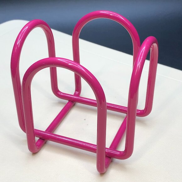 90s Fuchsia Pink Enamel Metal Wire Arch Square Notepad Holder, Vintage Office - Picture 1 of 9